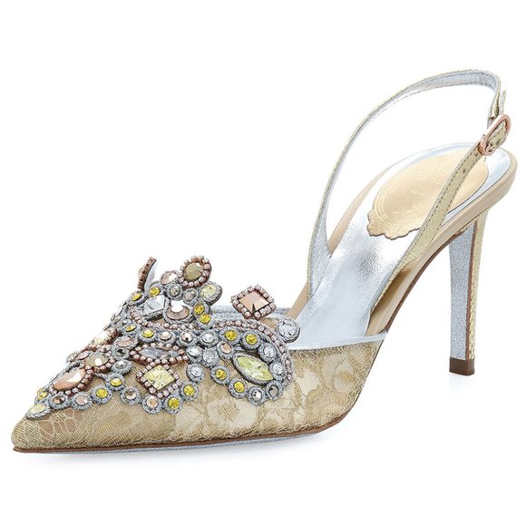 René Caovilla Jeweled Lace & Snakeskin Slingback 75mm Pumps - Picture 1 of 3